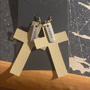 Cross faux leather earrings with a faith charm.